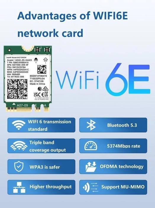 Carte WiFi 6E Intel AX210 NGW Bluetooth 5.2 - Tri Bande 5400Mbps M.2