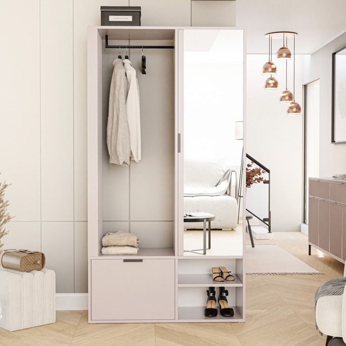 Ensemble Vestiaire Avec Miroir, 5 Crochets Dorés, Meuble à Chaussures, Patère Murale, Banc Et Eclairage Led Mdf 110 X 38 X 190 Cm Noyer 98666780