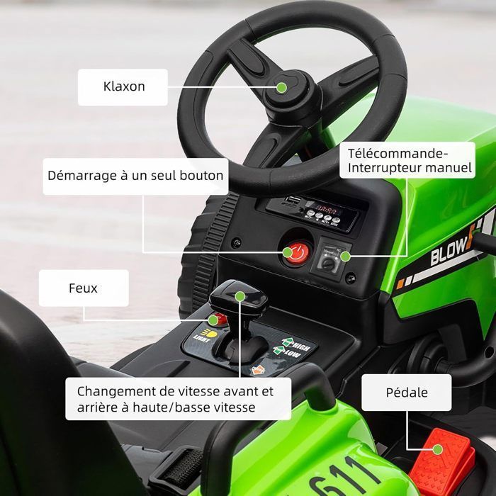 Virimolo Tracteur Électrique Enfant Vert, Tracteur Enfant Électrique avec Remorque Amovible, Double Moteur 35W, 12V7AH, Télécommande Parentale, Musique LED Klaxon, Tracteur Jouet Sûr 2 Ans à 8 Ans