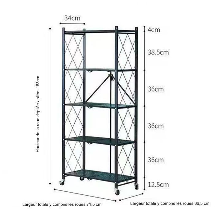 Étagère en fer 5 étages avec roues - cuisine Pliable