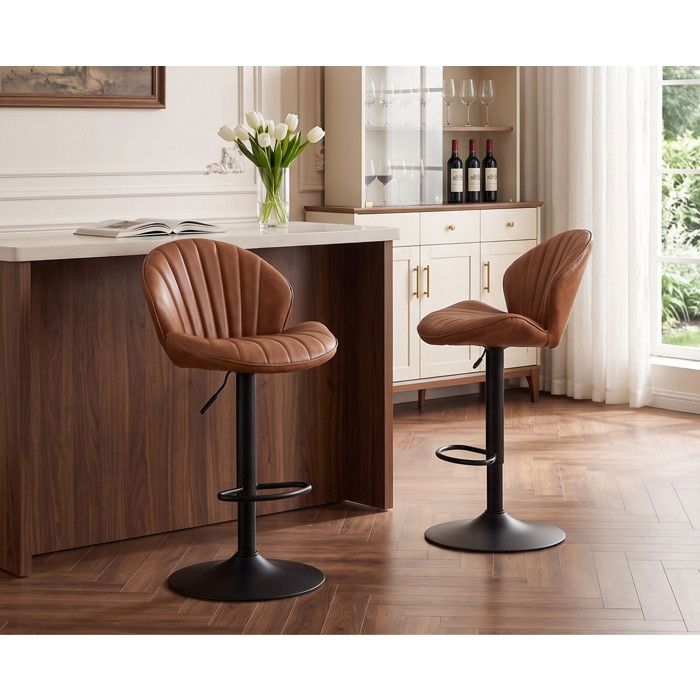 STOOLINK - Lot De 2 Tabourets De Bar Réglables - Cuir Microfibre, Pivotants - Hauteur 62-83cm - Pour Cuisine, Bar - Marron
