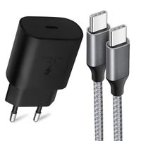 Chargeur USB-C 25W + Câble Nylon USB-C vers USB-C Gris 1M pour iPhone 15 Pro Max - 15 Plus - 15 Pro