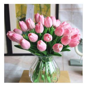 FLEUR ARTIFICIELLE SHINE-CO Tulipes Artificielles PU Bouquet de Fleurs pour la Décoration de Fête de Mariage Rose