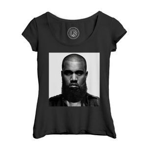 T-SHIRT T-shirt Femme Col Echancré Noir Kanye West avec une Barbe Photo de Star Célébrité Humour Troll Trololol Tendance Hipster 2