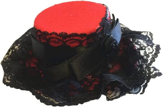 Mini Chapeau Bibi Noir Gothique Lolita – Voilette Paillettes Rubans Fleur Rouge Plume, Barrettes Fixation Mariage Déguisement Rétro
