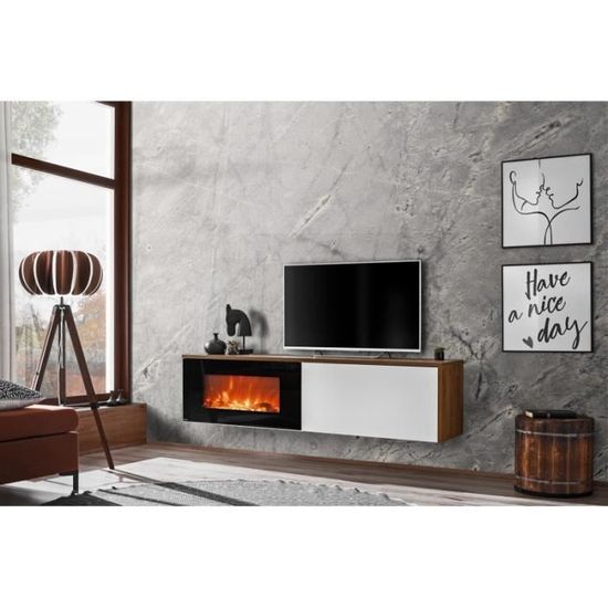 Meubles TV - Ensemble de 2 meubles muraux "Dallas" + cheminée électrique - Blanc/Beige - L 180 x H 180 x P 40 cm