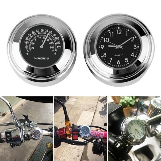 Horloge De Guidon Moto Quartz Universelle Chromée - Thermomètre, Calendrier, Étanche - Noir