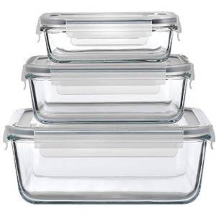 3 Plats en Verre - Spécial Four - Avec couvercle Hermétique - Couvercle Noir