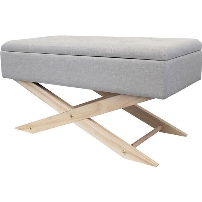 Banc pouf avec rangement pied en bois + Revêtement tissu Gris clair - Scandinave - L 79,5 x P 39,5 cm