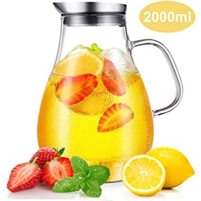 Carafe en Verre, 2L Verre Borosilicate Pichet et Acier Inoxydable Couvercle, Cruche à Eau pour Boisson Chaude-Froide