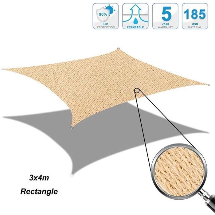 Voile d'ombrage rectangulaire Cool Area 3 x 4m - Résistant et Respirant pour Jardin et Terasse - Couleur Sable