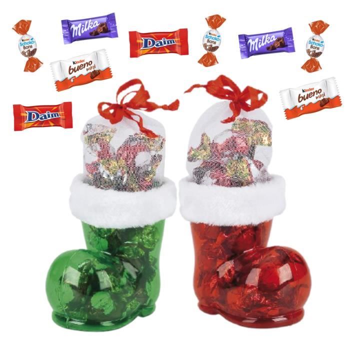 2 bottes rouges de Noël garnies de chocolats Kinder Schokobons, mini Bueno, Daim,et Milka
