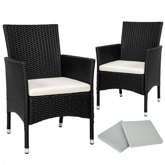 TECTAKE 2 Fauteuils de Jardin en Résine Tressée 59 cm x 57 cm x 86 cm Noir + Coussins