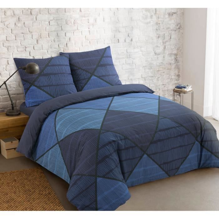 VISION - Parure de lit HAROLD - 100% coton - 1 housse de couette 200x200cm + 2 taies d'oreiller 65x65cm - Bleu