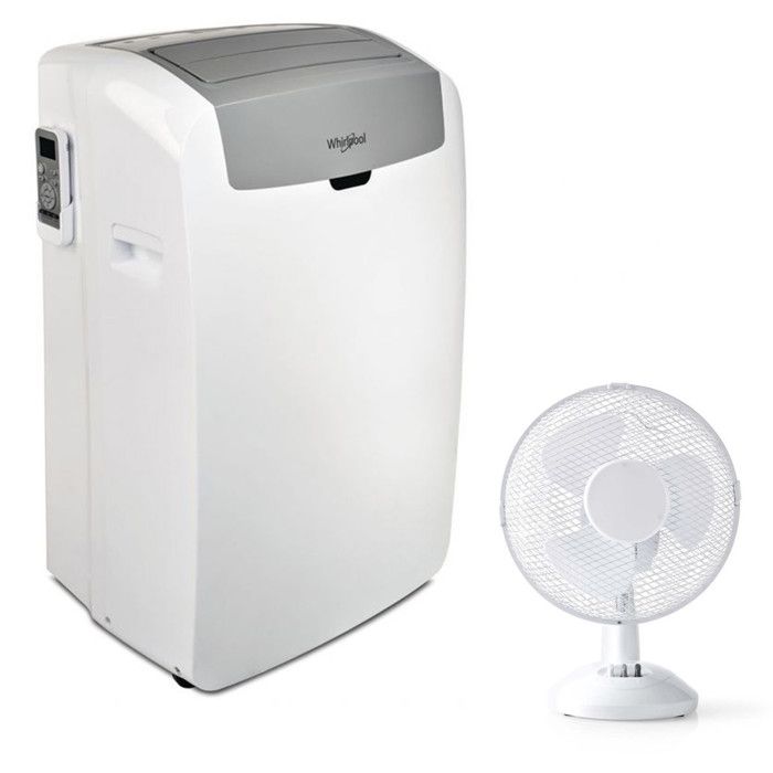 WHIRLPOOL Climatiseur mobile monobloc pour surface 25m2 + Ventilateur de table 23cm