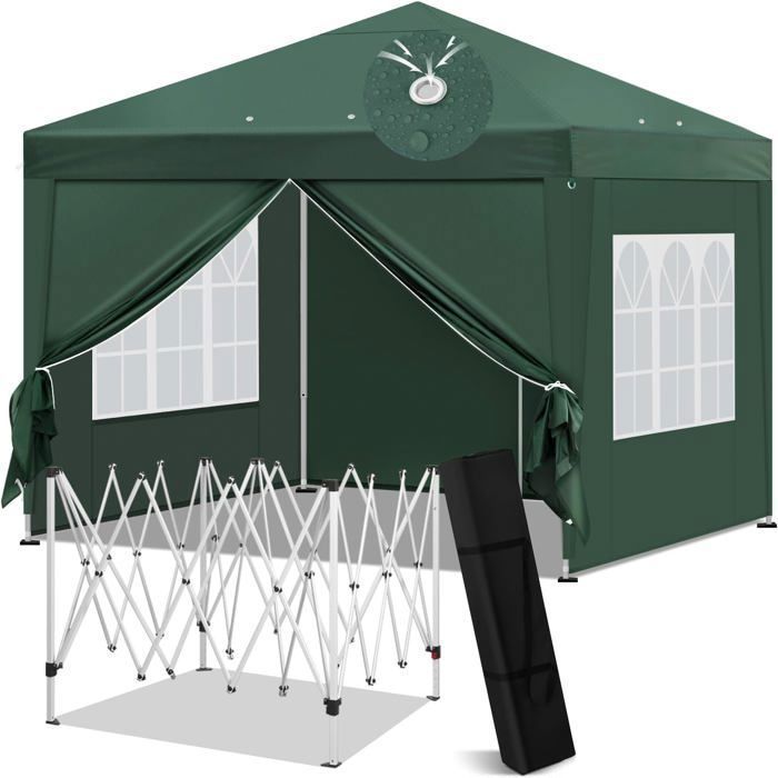Tonnelle Pliante 3x3m Pavillon Imperméable Barnum Réglable en Hauteur avec Parois Latérales et Fenêtres Vert E0UEG0024