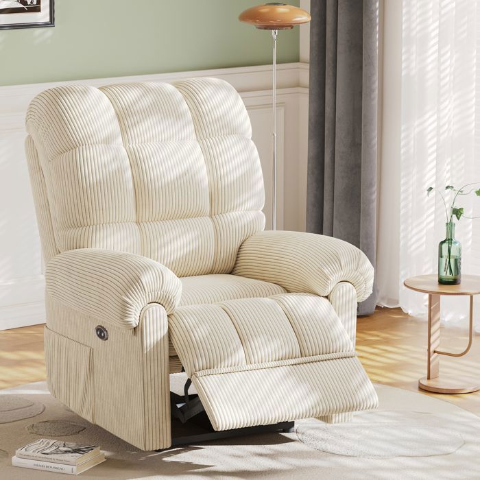 DRIPEX Fauteuil de Relax électrique en Velours Côtelé BeigeFauteuil Réglable 90 à 150°pour salonchambres92×98×103cm
