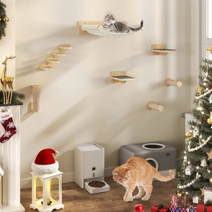 Comparer les prix de 7Pcs Étagère Murale Pour Chat,Arbre À Chat Mural En Bois,Mur D'Escalade Pour Chat,Meuble Mural Pour Chat Avec 3 Colonnes Recouvert