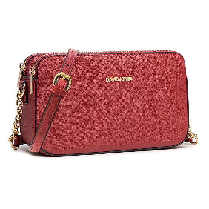David Jones - Petit Sac Bandoulière Femme - Besace Chaînes Porté Epaule Cuir PU 3 Compartiments - Sacoche Multipoche - Rouge