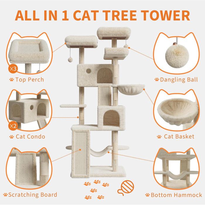 Meilleurs prix pour Arbre à Chat, Hauteur 174cm, 3 Plate-Forme, 2 Niches, Pompon, Tissu Peluche, Multi-Niveaux pour Chat d'Intérieur,Beige