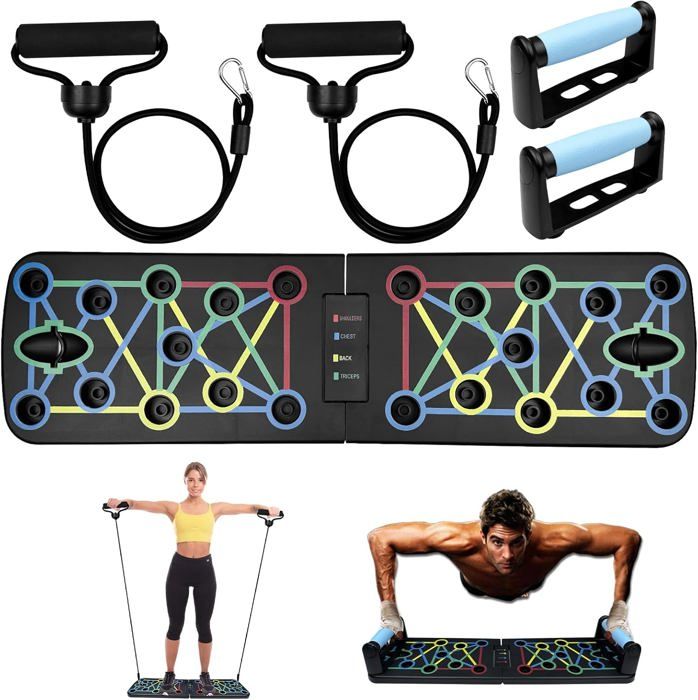 Planche De Push-up Pliable Multifonction – Système D’entraînement Haut Du Corps, Bandes élastiques, Corde à Sauter, Poignées Antidérapantes, Guide Inclus