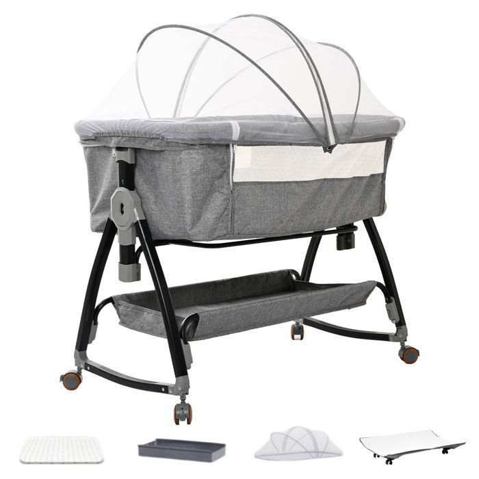 Lit BébéAvec Matelas et Moustiquaire Table à LangerMode Balancelle et Inclinaison6 Hauteur RéglablePour 0-18 Mois - Gris