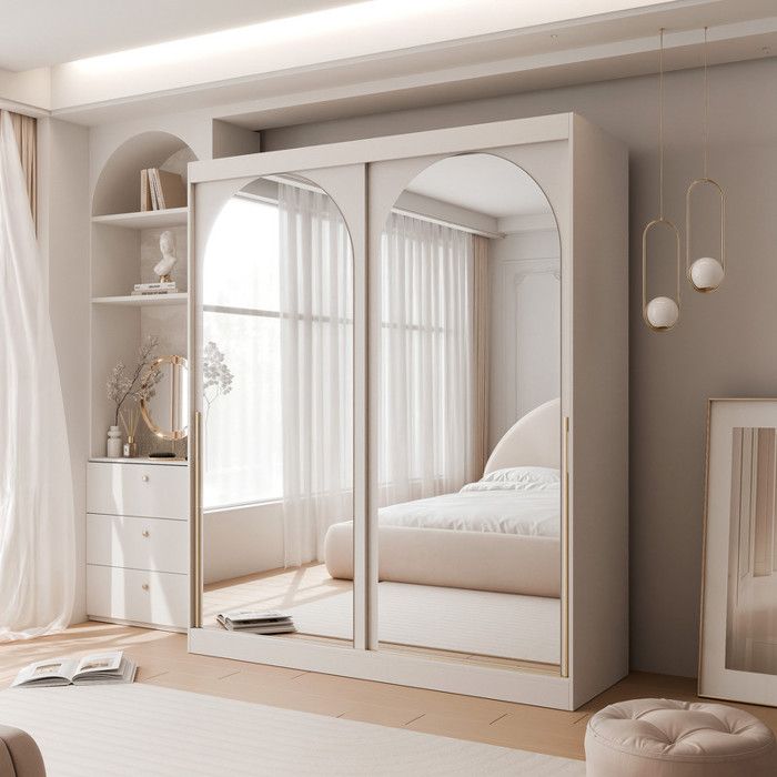 Armoire CLARITY - 7 compartiments - avec miroir - 200x65x215 cm - Cachemire / poignées en or