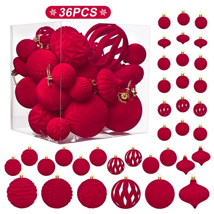 Lot De 48 Boules De Noël En Velours Bordeaux - Diamètres 4, 6, 8 Cm, Incassables, Avec Corde Et Capuchon Métal, Pour Sapin, Déco - 3