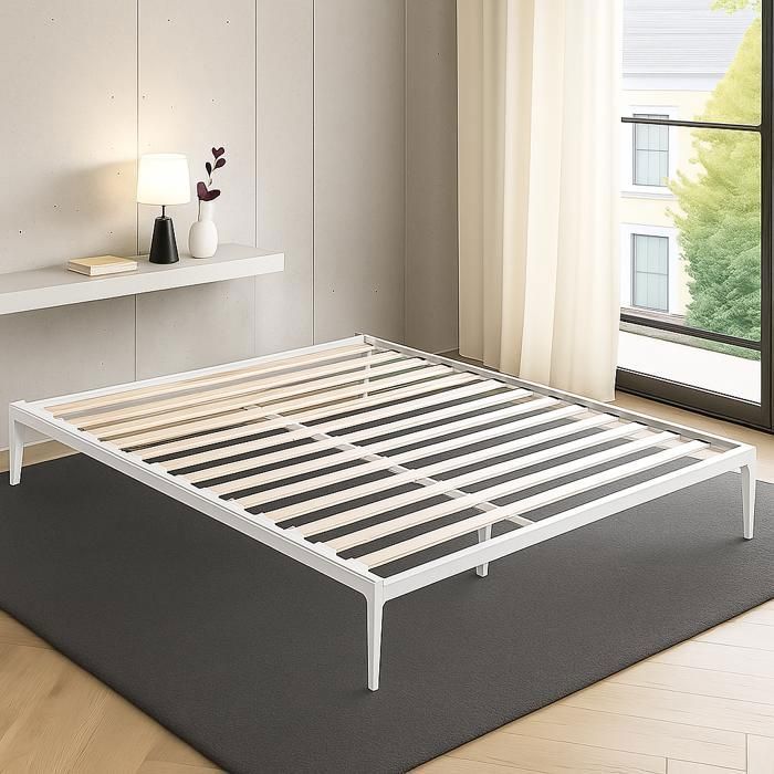 Sommier métallique 160x200 style industriel Blanc - Cadre à lattes larges - Design style urbain