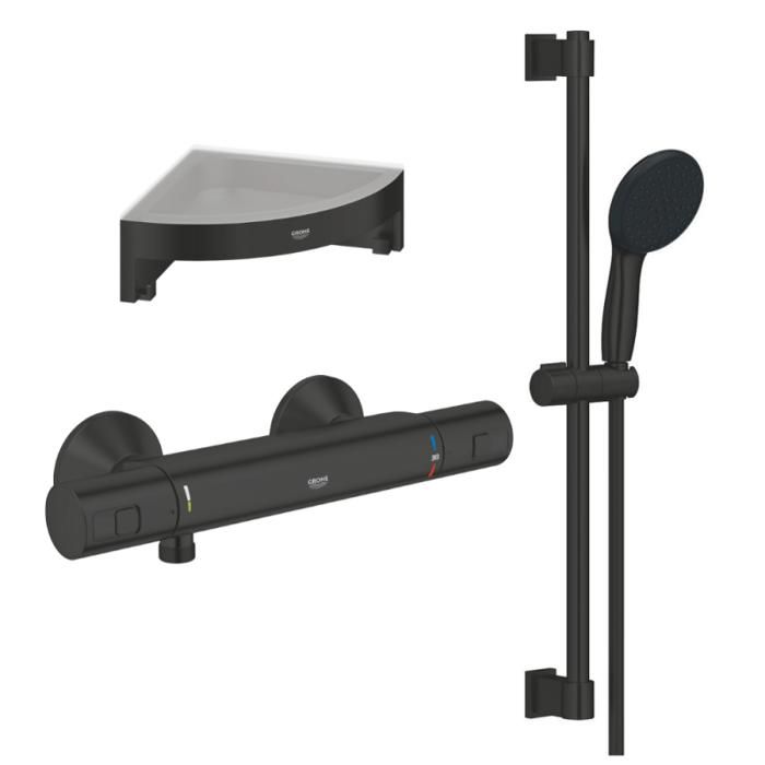 Grohe Mitigeur douche thermostatique Precision Start + Ensemble de douche avec barre 2 jets + Tablette de douche d'angle