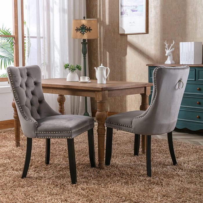 Lot de 2 Chaises de Salle à Manger Chaise de Cuisine Dossier à Ailes Pieds en bois massif Rembourrée Gris velours