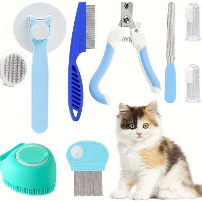 Kit de toilettage pour animaux - PZCC - 8 pièces - Bleu - Peigne anti-puces - Coupe-griffes verrou sécurité