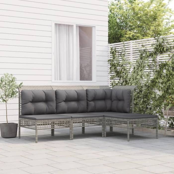 NEW 2026 Salon de jardin lot de 4 Meuble pour 3 personnes avec coussins Gris Résine tressée 65x65x75 cm S1723