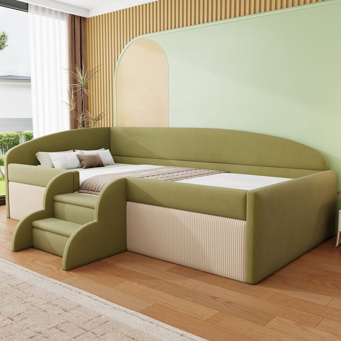 Lit enfant rembourré vert foncé et ivoire 90 × 190 avec marches barrières sans matelas