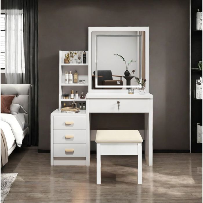 Coiffeuse avec miroir LED 3 modes. 4 tiroirs et rangements latéraux. avec tabouret. MDF blanc