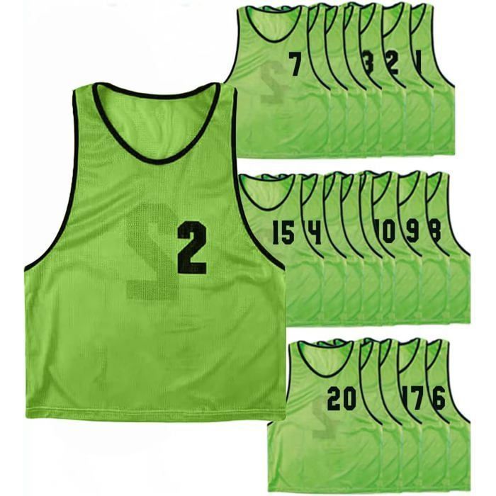 Lot de 20 chasubles numérotées recto-verso de 1 à 20 de taille LARGE gilet dentrainement couleur VERT Lot de 20 chasubles numérotées recto-verso de 1 à 20 de taille LARGE gilet dentrainement couleur VERT