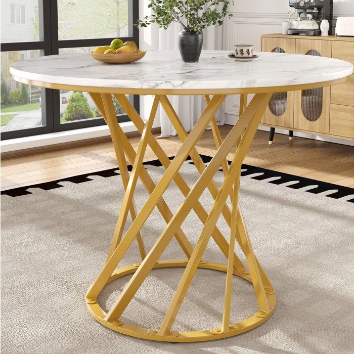 Table à manger ronde blanche effet marbre avec pieds métalliques dorés