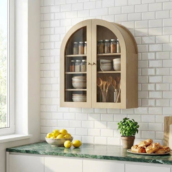 Armoire murale cintrée - LUNSY - MDF résistant - Portes en acrylique transparent - Design compact - 3 niveaux