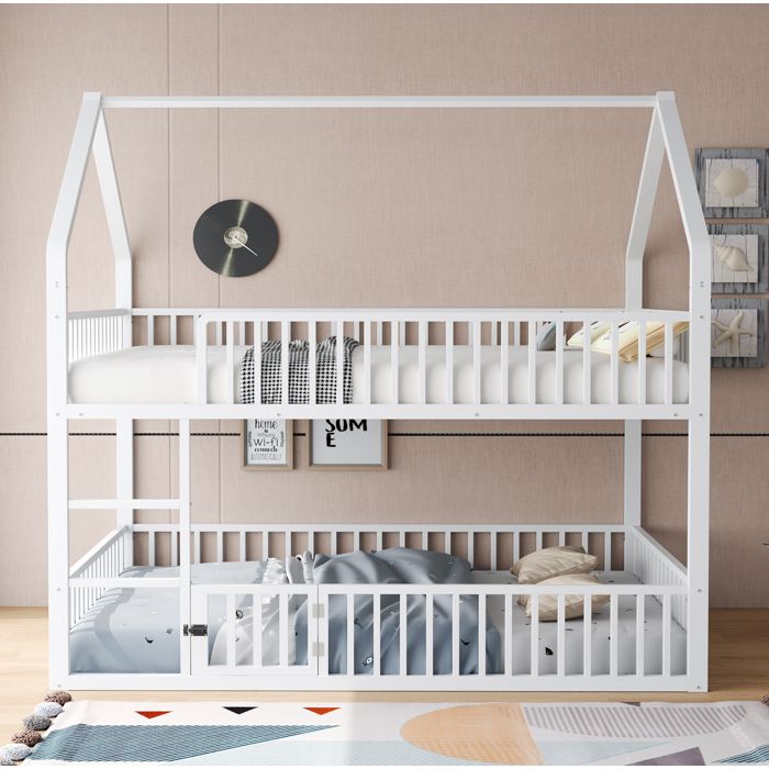 Lit Superposé Cabane 140x200 cm - HOMVRA - Lit Enfant 2 Places avec Escalier Porte et 1 Sommier - Métal Blanc (Sans Matelas)