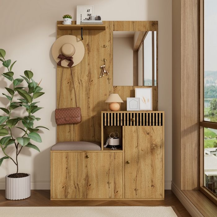 Vestiaire Dentrée avec Banc et Rangement à ChaussuresMeuble d’entrée Moderne avec CrochetsPorte-Manteau MultifonctionnelNaturel