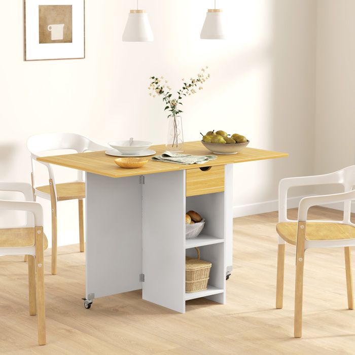 Table pliante - Zephmum - 2-4 pers 2 rabats tiroir étagères chêne