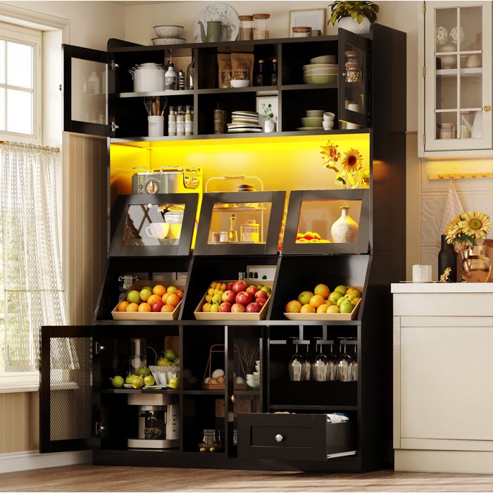 HOMVRA Buffet de Cuisine 120x40x181.7 cm avec Lumière LED et Port USB MDF Noir