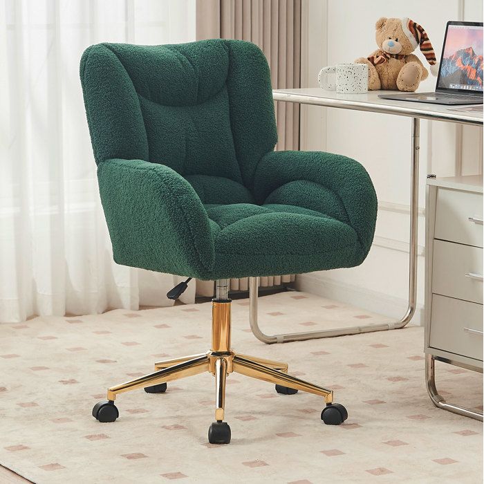 Chaise de bureau verte 64 × 62 × 92 5 cm pivotante réglable en hauteur en tissu Teddy