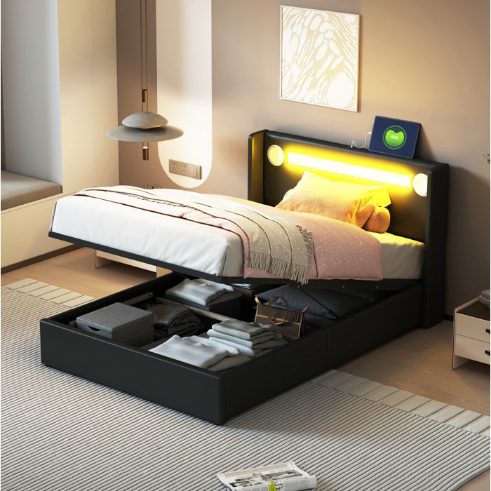 Lit enfant 90x200 avec coffre hydraulique LED Bluetooth et 2 ports USB similicuir PU noir