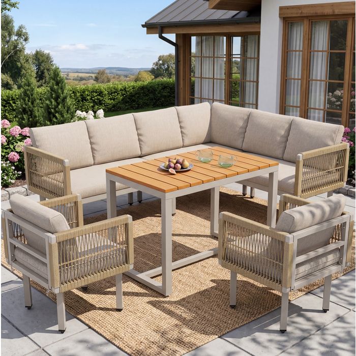 Canapé dangle de jardin 6 pièces avec 2 fauteuils et table rectangulaire acier et corde tressée beige Grjofek
