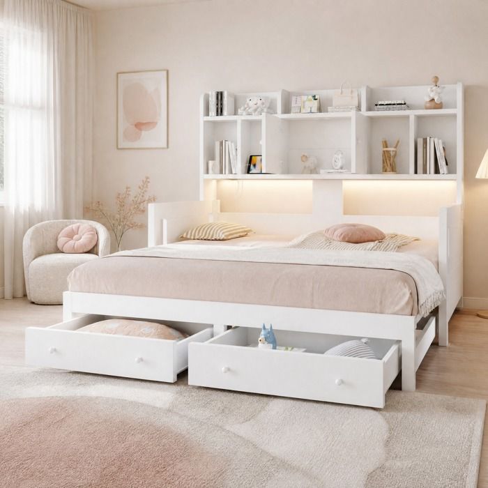 Lit escamotable extensible 90x190 avec rangements intégrés tiroirs LED et prise électrique bois blanc VEVXYN