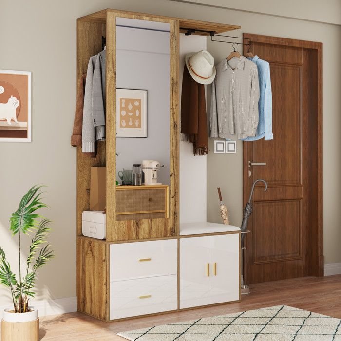 Meuble d'entrée - Modèle Compact - Miroir intégré - Banc avec coussin ...