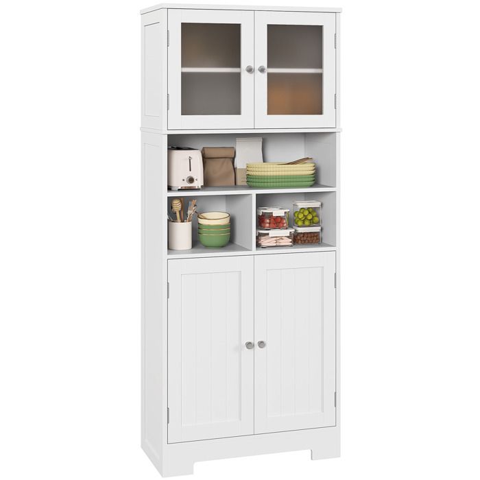 Portes en verre et style shaker buffet haut cuisine avec étagères réglables meuble de rangement cuisine blanc