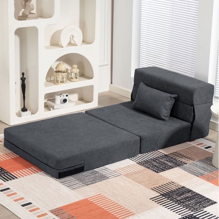 Fauteuil-lit 3 en 1 gris foncé 210 x 80 x 15 cm pliable convertible chaise longue coussin inclus