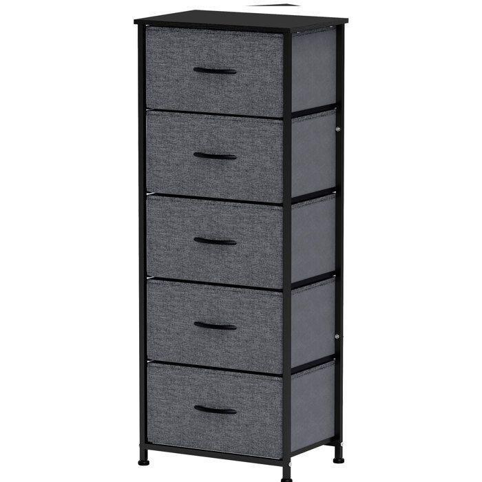 Commode Chambre 5 Tiroirs - Colonne Etroite Tissu Pliant Acier et MDF - 45 x 30 x 116 cm - Gris fonce